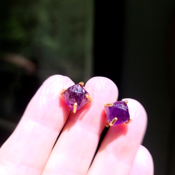 Amethyst Pyramid nugget earrings sterling &gold - Picture 6 of 8